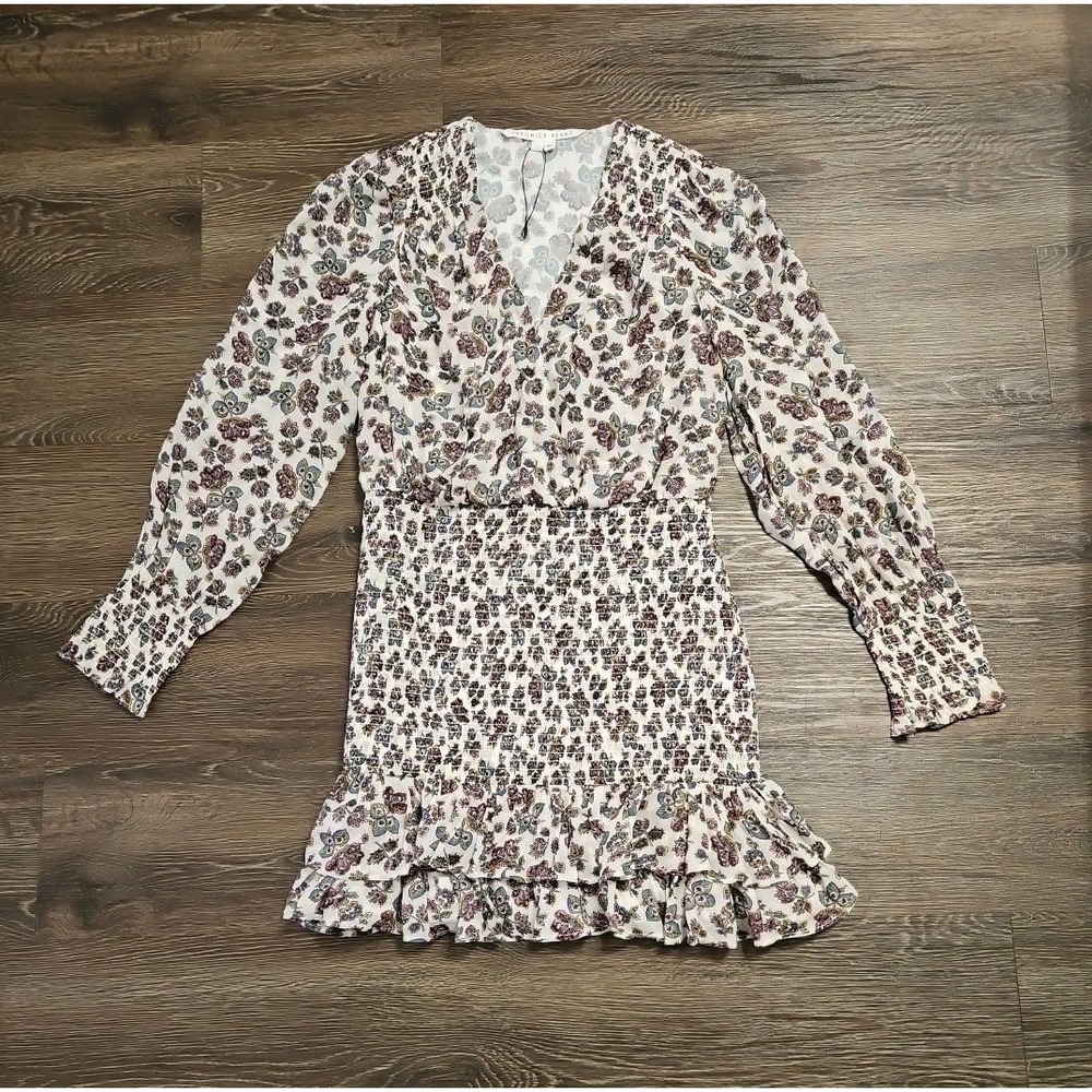Veronica Beard Saera Floral Print Smocked Chiffon Minidress Sz 6 - Picture 1 of 13